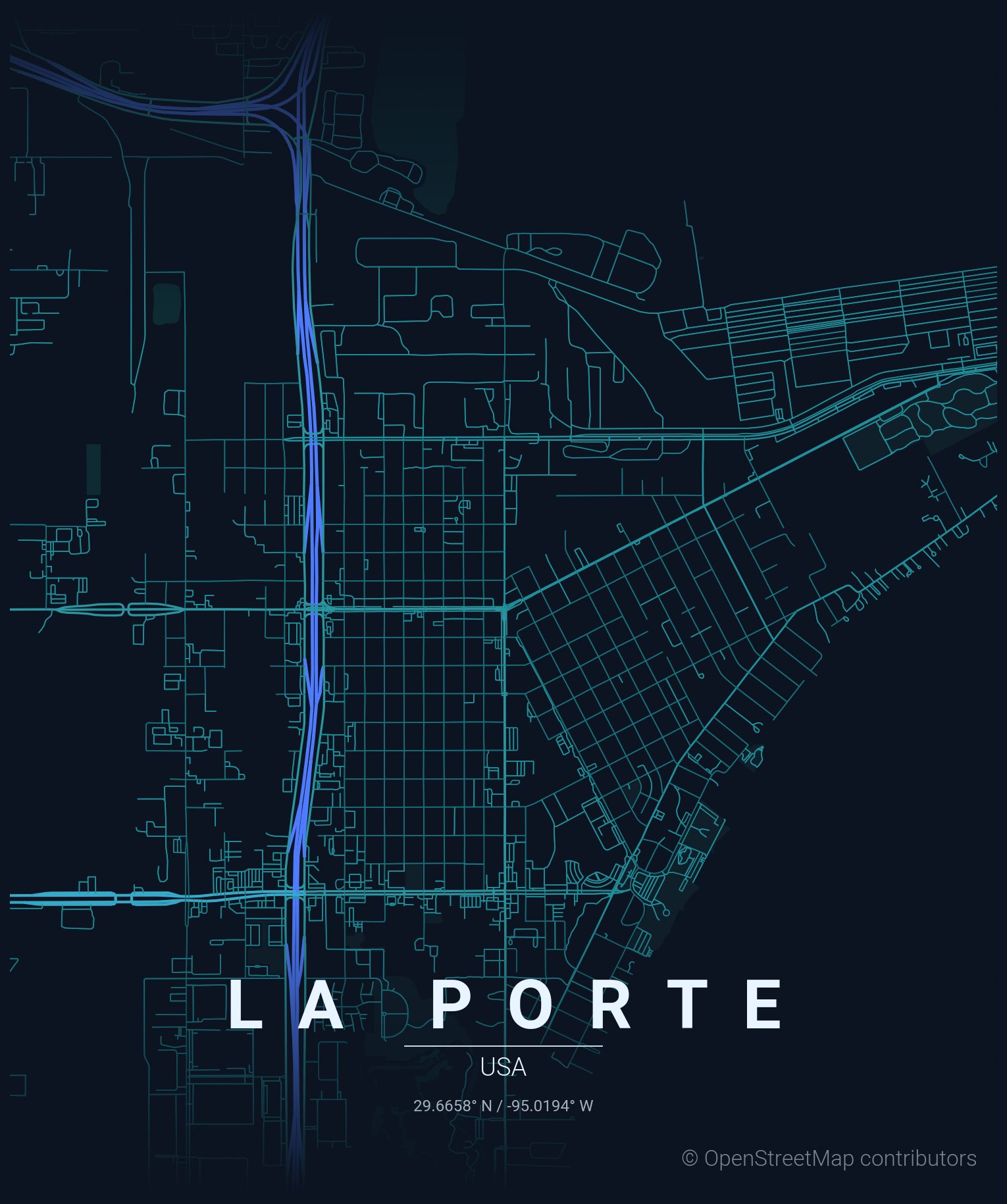 Street map of La Porte, Texas showing Recon Roofing's home service area