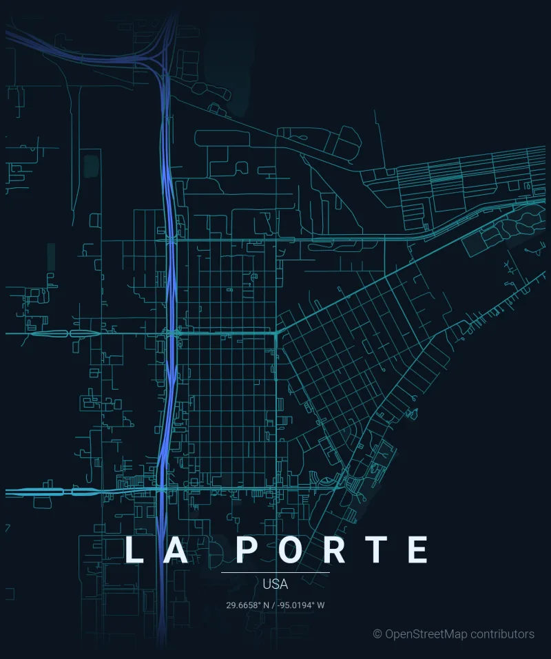 Street map of La Porte, Texas showing Recon Roofing's home service area